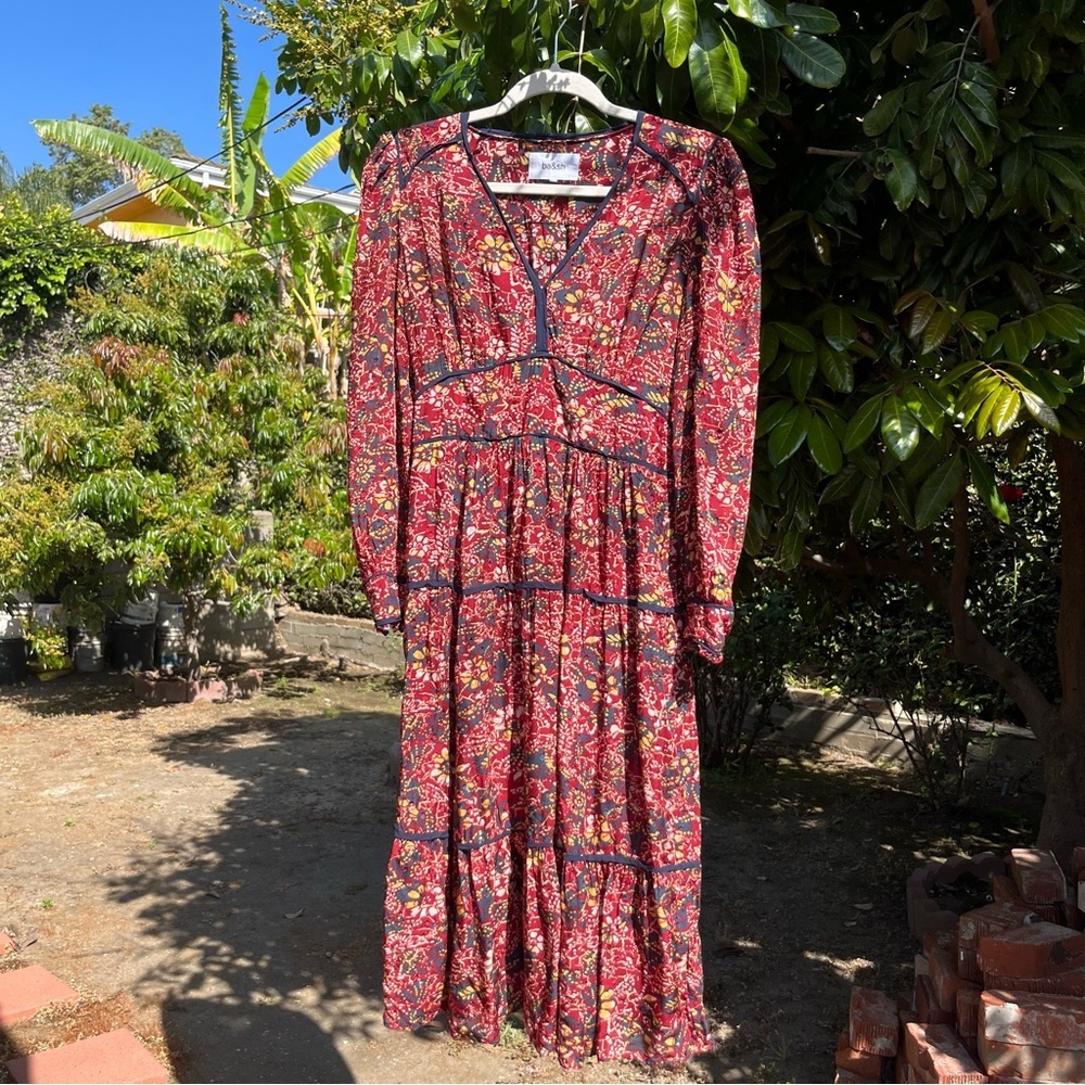 BA&SH‎ red yellow blue floral print tiered puff long sleeve midi dress